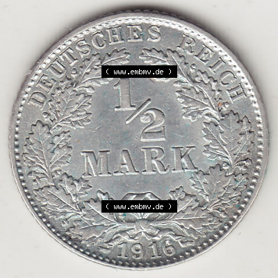 Münzen Deutschland 1871-1918 Kaiserreich Silbermünze 1905-1919, 1/2 Mark D 1916. Rückseite einer Münze aus dem Deutschen Kaiserreich... Sammlung