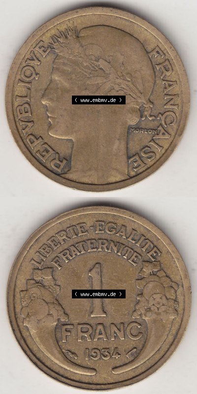 Münzen Frankreich Eurovorläufer, Umlaufmünze vor Euroeinführung 1931-1941, 1 Franken, 1 Franc, 1934 (Stück 1) LIBERTE EGALITE... Sammlung