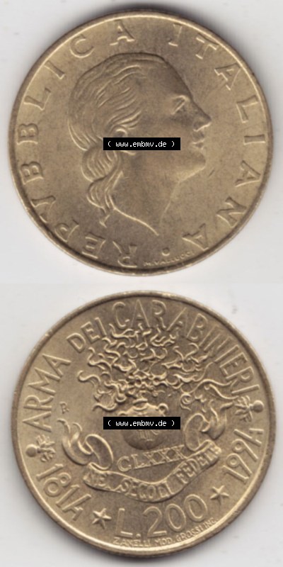 Münzen Italien / Italia Eurovorläufer, Gedenkmünze vor Euroeinführung 1994-1994, 200 Lire 180 Jahre Carabinieri. Rückseite... Sammlung