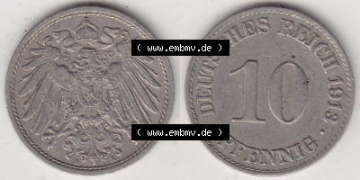 Münzen Deutschland 1871-1918 Kaiserreich 1890-1916, 10 Pfennig A, 1913 II (3) Sammlung