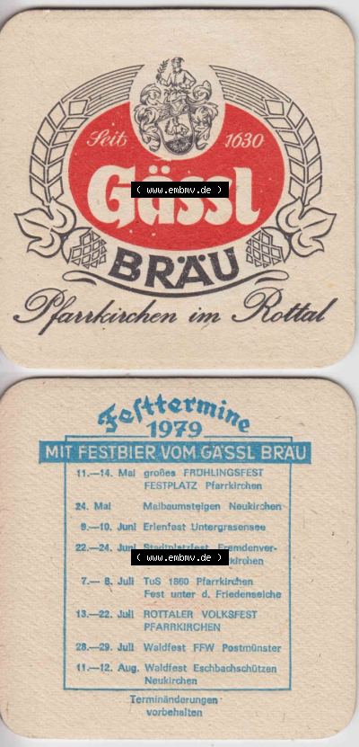Bierdeckel 1979 Gässl-Bräu Pfarrkirchen im Rottal Fest Termine (3) Sammlung