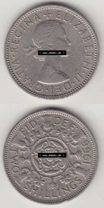 Münzen Großbritannien Eurovorläufer, Umlaufmünze vor Euroeinführung 1954-1970, 2 Schilling - Shillings 1966 (Stück 3). Vorderseite... Sammlung