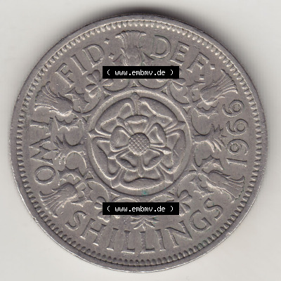 Münzen Großbritannien Eurovorläufer, Umlaufmünze vor Euroeinführung 1954-1970, 2 Schilling - Shillings 1966 (Stück 6). Rückseite... Sammlung
