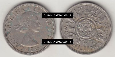 Münzen Großbritannien Eurovorläufer, Umlaufmünze vor Euroeinführung 1954-1970, 2 Schilling - Shillings 1966 (Stück 5). Vorderseite... Sammlung