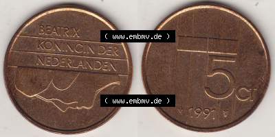 Münzen Niederlande / Netherlands Eurovorläufer, Umlaufmünze vor Euroeinführung 1982-2001, 5 Ct Cent 1991 (Stück 4) Königin... Sammlung
