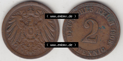 Münzen Deutschland 1871-1918 Kaiserreich 1904-1916, 2 Pfennig A, 1908 II (3) Sammlung