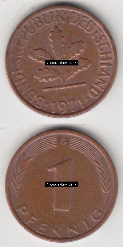 Münzen Deutschland 1 Pfennig-Deutsche Mark 1950-2001, 1 Pfennig 1971 G. Vorderseite und Rückseite in vertikaler Ansicht, einer... Sammlung