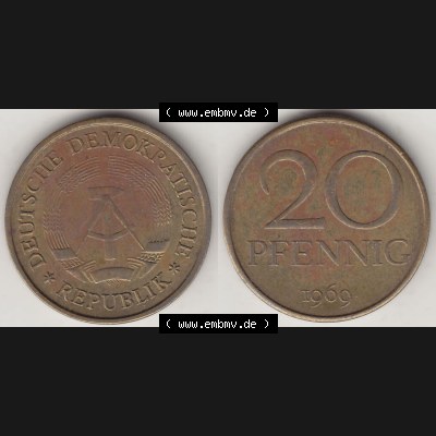 Münzen Deutschland DDR 1969-1990, 20 Pfennig 1969-2, DDR-Telefonmünze. Vorderseite und Rückseite Nebeneinander einer 20 Pfennig Münze / Umlaufmünze in der... Sammlung