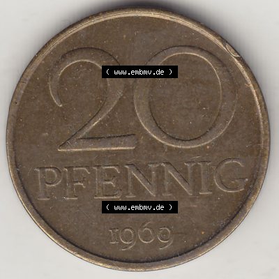 Münzen Deutschland DDR 1969-1990, 20 Pfennig 1969-7, DDR-Telefonmünze. Rückseite einer 20 Pfennig Münze / Umlaufmünze in der DDR auch als Telefonmünze... Sammlung