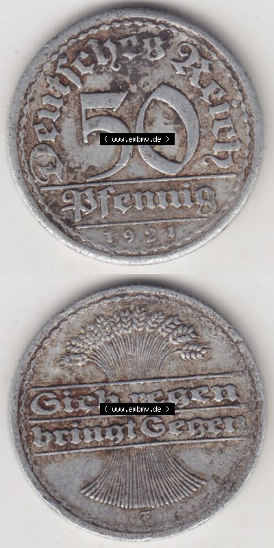 Münzen Deutschland 1918-1932 Weimarer Republik 1919-1922, 50 Pfennig F, 1921 Sich Regen Bringt Segen (4) Sammlung