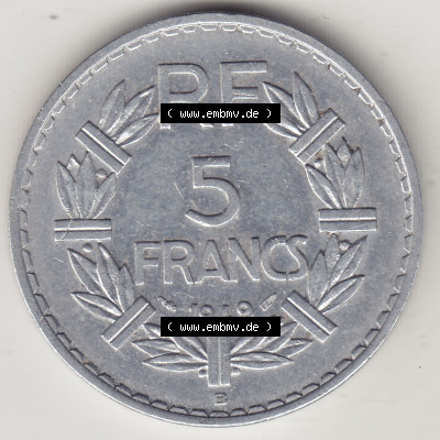 Alte Münzen Frankreich, Kursmünzensatz Zeitraum 1917-1952, der Münze 1945-1952, 5 Franken, Francs 1949 (Stück 1). Rückseite... Sammlung