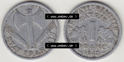Münzen Frankreich Eurovorläufer, Umlaufmünze vor Euroeinführung 1942-1944, 1 Franken - Francs 1943 (Stück 1). Vorderseite... Sammlung