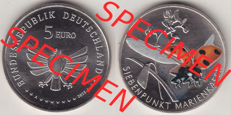 Münzen Deutschland 2023, 5 Euro-Sondermünzen, Sammlermünze aus der Serie „Wunderwelt der Insekten“-Insektenreich 2023-2023, 5 Euro A Siebenpunkt... Sammlung