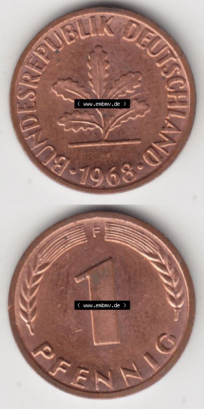 Münzen Deutschland 1 Pfennig-Deutsche Mark 1950-2001, 1 Pfennig 1968 F. Vorderseite und Rückseite in vertikaler Ansicht, einer... Sammlung