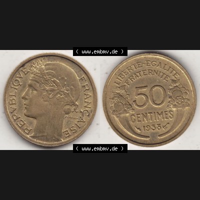 Alte Münzen Frankreich, Kursmünzensatz Zeitraum 1917-1952, der Münze 1931-1947, 50 Centimes, 1938-1. Rückseite und Vorderseite horizontal nebeneinander... Sammlung