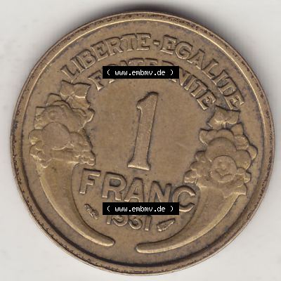 Münzen Frankreich Eurovorläufer, Umlaufmünze vor Euroeinführung 1931-1941, 1 Franken, 1 Franc, 1931-1 LIBERTE EGALITE FRATERNITE. Rückseite einer... Sammlung