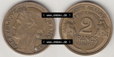 Münzen Frankreich Eurovorläufer, Umlaufmünze vor Euroeinführung 1931-1941, 2 Franken 1932 (Stück 2) LIBERTE EGALITE FRATERNITE.... Sammlung