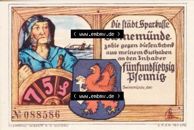 Notgeldscheine aus Swinemünde Scheck 75 Pfennig (1) Sammlung
