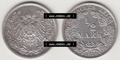 Münzen Deutschland 1871-1918 Kaiserreich Silbermünze 1905-1919, 1/2 Mark A 1918. Vorderseite und Rückseite Nebeneinander einer... Sammlung