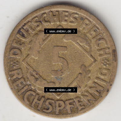 Münzen Deutschland 1918-1932 Weimarer Republik 1924-1936, 5 Reichspfennig D, 1925 (1) Sammlung
