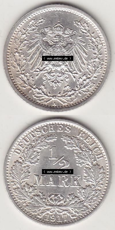 Münzen Deutschland 1871-1918 Kaiserreich Silbermünze 1905-1919, 1/2 Mark A 1917. Vorderseite und Rückseite Vertikal Untereinander,... Sammlung