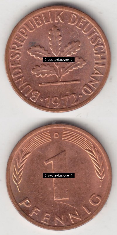 Münzen Deutschland 1 Pfennig-Deutsche Mark 1950-2001, 1 Pfennig 1972 D. Vorderseite und Rückseite in vertikaler Ansicht, einer... Sammlung