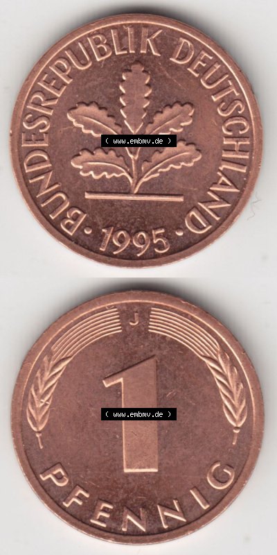 Münzen Deutschland 1 Pfennig-Deutsche Mark 1950-2001, 1 Pfennig 1995 J. Vorderseite und Rückseite in vertikaler Ansicht, einer... Sammlung