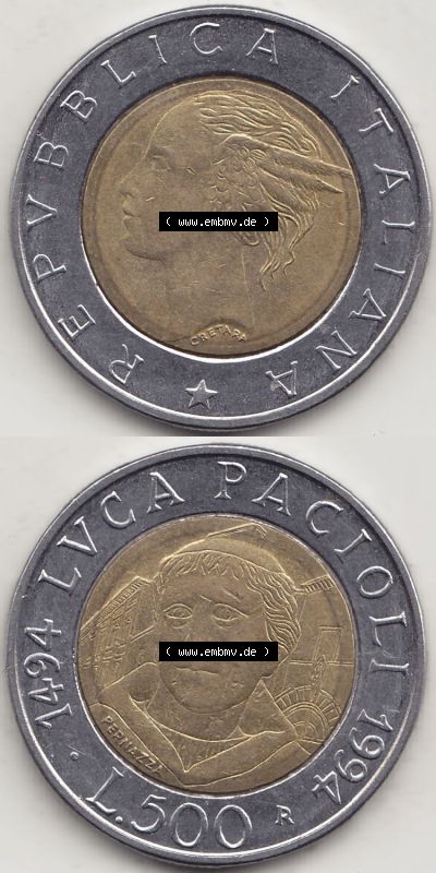 Münzen Italien / Italia Eurovorläufer, Gedenkmünze vor Euroeinführung 1994-1994, 500 Lire, 500. Geburtstag von Luca Pacioli... Sammlung