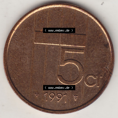 Münzen Niederlande / Netherlands Eurovorläufer, Umlaufmünze vor Euroeinführung 1982-2001, 5 Ct Cent 1991 (Stück 4) Königin... Sammlung