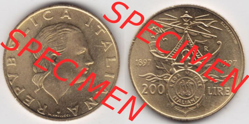 Münzen Italien / Italia Eurovorläufer, Gedenkmünze vor Euroeinführung 1997-1997, 200 Lire Italienische Meeresliga. Rückseite und Vorderseite horizontal nebeneinander... Sammlung