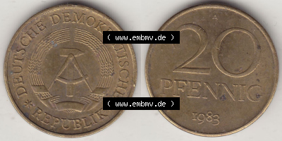 Münzen Deutschland DDR 1969-1990, 20 Pfennig 1983 (Stück 1), DDR-Telefonmünze. Vorderseite und Rückseite Nebeneinander einer... Sammlung