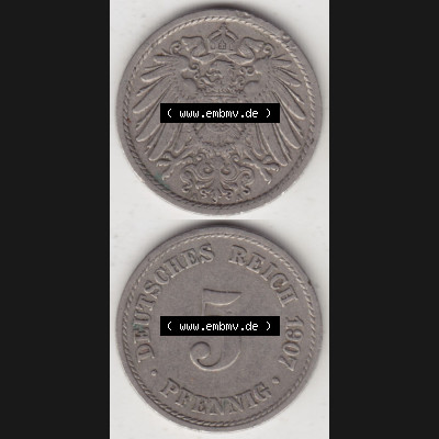 Münzen Deutschland 1871-1918 Kaiserreich 1890-1915, 5 Pfennig A, 1907 I. (4) Sammlung