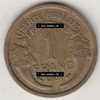 Münzen Frankreich Eurovorläufer, Umlaufmünze vor Euroeinführung 1931-1941, 1 Franken, 1 Franc, 1937-1 LIBERTE EGALITE FRATERNITE. Rückseite einer... Sammlung