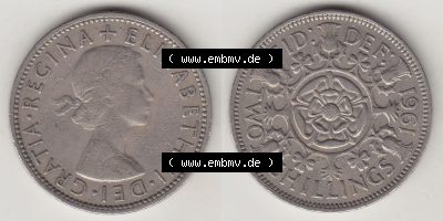 Münzen Großbritannien Eurovorläufer, Umlaufmünze vor Euroeinführung 1954-1970, 2 Schilling - Shillings 1961 (Stück 1). Vorderseite... Sammlung