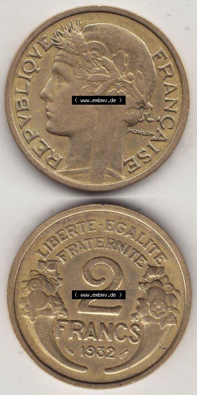 Alte Münzen Frankreich, Kursmünzensatz Zeitraum 1917-1952, der Münze 1931-1941, 2 Franken, Francs, 1932 (Stück 1). Rückseite... Sammlung
