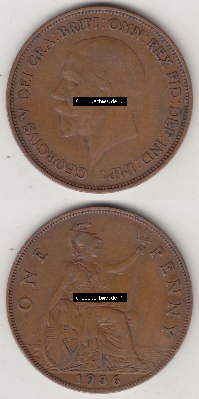 Münzen Großbritannien Eurovorläufer, Umlaufmünze vor Euroeinführung 1928-1936, 1 One Penny, 1936 (Stück 1), George V. BM... Sammlung