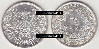 Münzen Deutschland 1871-1918 Kaiserreich Silbermünze 1905-1919, 1/2 Mark A 1916. Vorderseite und Rückseite Nebeneinander einer... Sammlung