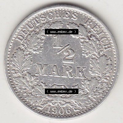 Münzen Deutschland 1871-1918 Kaiserreich Silbermünze 1905-1919, 1/2 Mark A 1906. Rückseite einer Münze aus dem Deutschen Kaiserreich... Sammlung