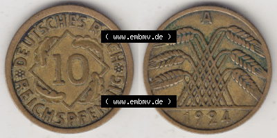 Münzen Deutschland 1918-1932 Weimarer Republik 1924-1936, 10 Reichspfennig A, 1924 (3) Sammlung