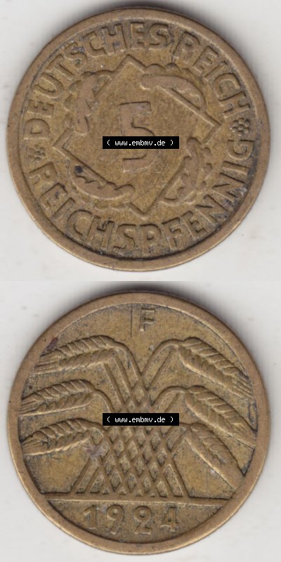 Münzen Deutschland 1918-1932 Weimarer Republik 1924-1936, 5 Reichspfennig F, 1924 II (4) Sammlung