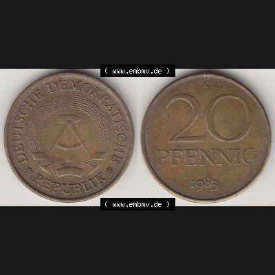 Münzen Deutschland DDR 1969-1990, 20 Pfennig 1983-2, DDR-Telefonmünze. Vorderseite und Rückseite Nebeneinander einer 20 Pfennig Münze / Umlaufmünze in der... Sammlung
