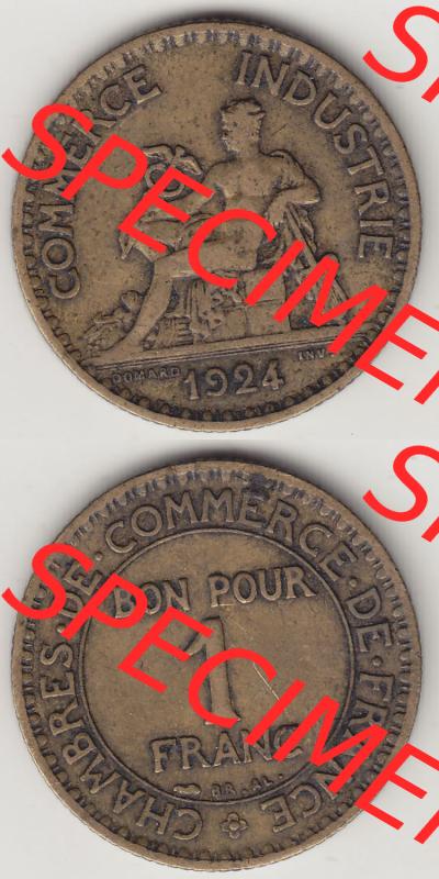 Münzen Frankreich Eurovorläufer, Umlaufmünze vor Euroeinführung 1920-1927, 1 Franken BON POUR 1 FRANC 1924-2. Vorderseite und Rückseite Vertikal Untereinander... Sammlung