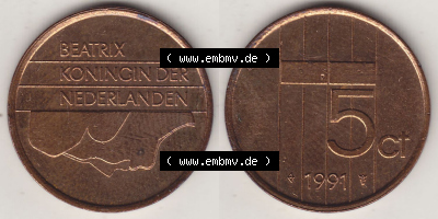 Münzen Niederlande / Netherlands Eurovorläufer, Umlaufmünze vor Euroeinführung 1982-2001, 5 Ct Cent 1991 Königin Beatrix... Sammlung