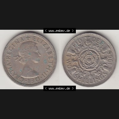 Münzen Großbritannien Eurovorläufer, Umlaufmünze vor Euroeinführung 1954-1970, 2 Schilling - Shillings 1966-2. Vorderseite und Rückseite horizontal nebeneinander... Sammlung