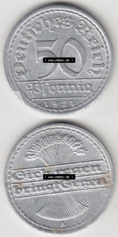 Münzen Deutschland 1918-1932 Weimarer Republik 1919-1922, 50 Pfennig A, 1921 (4) Sammlung