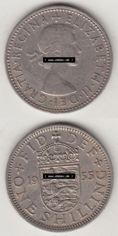 Münzen Großbritannien Eurovorläufer, Umlaufmünze vor Euroeinführung 1954-1970, 1 Schilling - Shilling, 1955 (Stück 2) Wappen... Sammlung