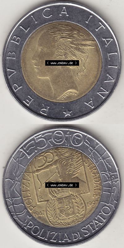 Münzen Italien / Italia Eurovorläufer, Gedenkmünze vor Euroeinführung 1997-1997, 500 Lire, 50 Jahre Staatspolizei (1947-1997),... Sammlung
