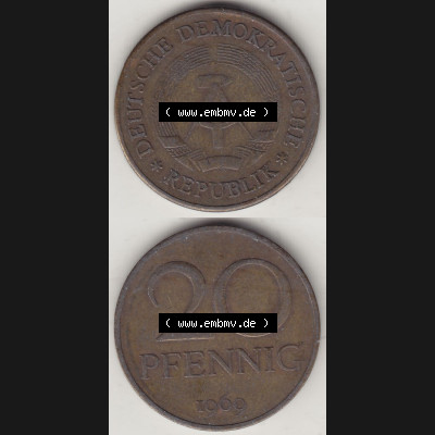 Münzen Deutschland DDR 1969-1990, 20 Pfennig 1969-4, DDR-Telefonmünze. Vorderseite und Rückseite Vertikal Untereinander, passend für Mobile-Geräte,... Sammlung