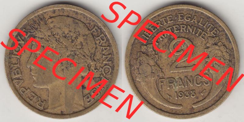 Münzen Frankreich Eurovorläufer, Umlaufmünze vor Euroeinführung 1931-1941, 2 Franken 1938-2 LIBERTE EGALITE FRATERNITE. Rückseite und Vorderseite horizontal... Sammlung
