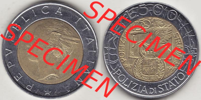 Münzen Italien / Italia Eurovorläufer, Gedenkmünze vor Euroeinführung 1997-1997, 500 Lire, 50 Jahre Staatspolizei (1947-1997), POLIZIA DI STATO... Sammlung